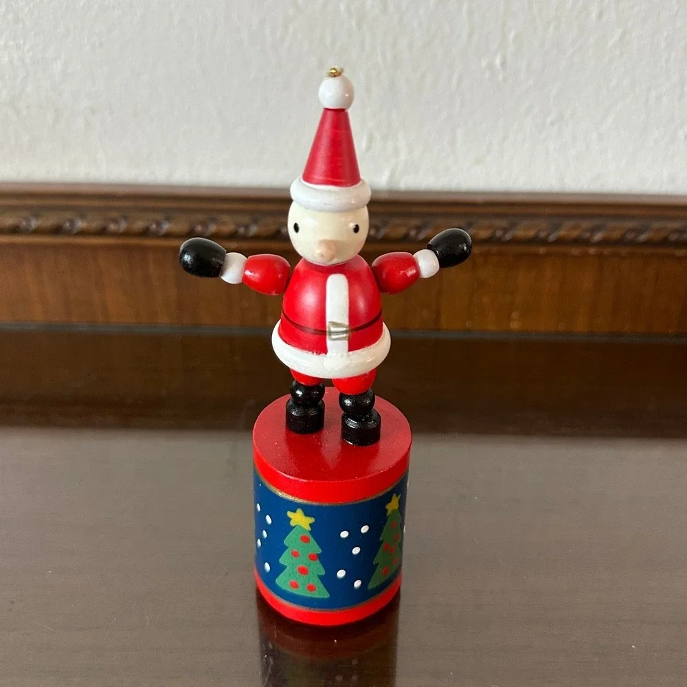 Vintage Wooden Santa Claus Push Puppet Christmas Toy Collapsible Dancing Figure